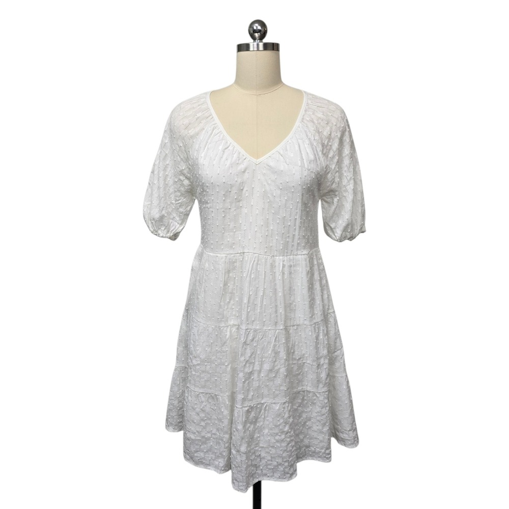 Anthropologie Roan + Ryan White Textured Tiered V Neck Puff Sleeve Mini Dress XS